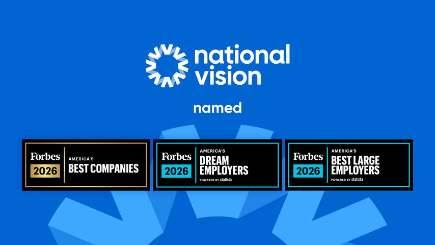 National Vision graphic announcing it was named to Forbes’ 2026 lists: America’s Best Companies, Dream Employers, and Best Large Employers